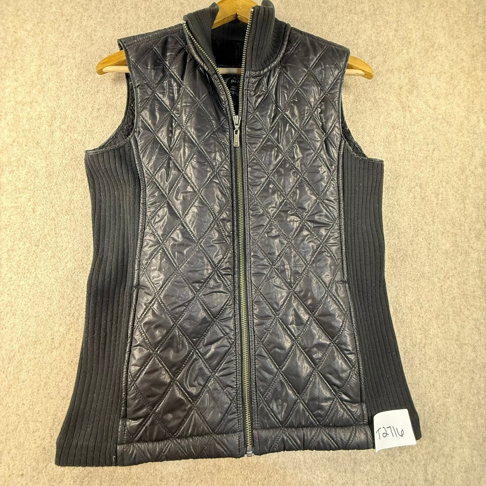 Prana Womens Black Quilted Puffer Vest Rib Knit Sides Fleece Lined Size M